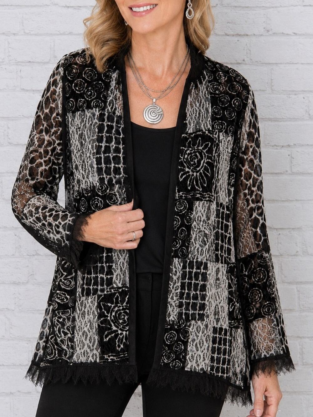 Chico’s Black White Burnout Velvet Mesh Jacket Size 8 Sheer Fringe Trim